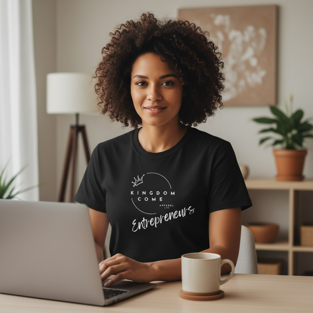 Woman wearing a black t-shirt with 'Kingdom Come Entrepreneurs' text, sitting at a desk with a laptop and mug.